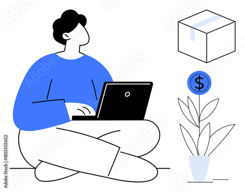 Individual using laptop, a cardboard box, and money-themed plant sprouting a dollar coin. Ideal for business, e-commerce, investment, freelance work, financial growth, online shopping simple flat