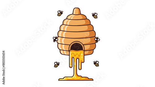 Cartoon beehive with honey spilling out and pooling at its base surrounded by flying bees on a white background