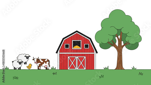 Cartoon farm scene featuring sheep chick cow red barn and large tree on green grass