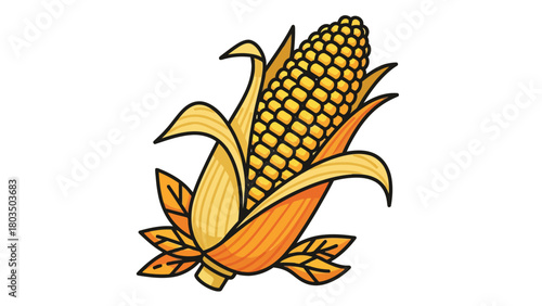 Cartoon illustration of a partially shucked ear of corn with bright yellow kernels and orangeyellow husks on white