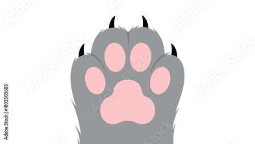 Cartoonish grey animal paw with pink pads and black claws cropped from the top on a white background