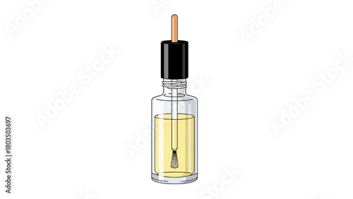 Clear glass bottle of yellow liquid with black cap brown applicator and brush on white background