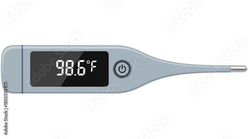 Gray digital thermometer displaying 986F on a dark screen featuring a power button against a white background
