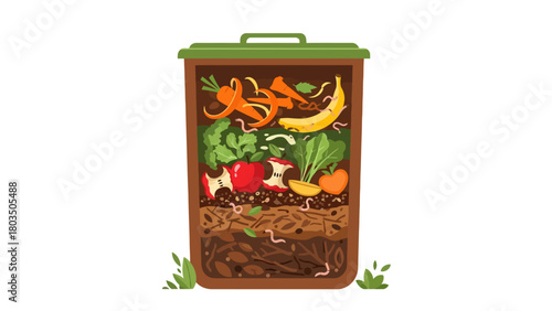 Graphic of a brown compost bin with a green lid displaying layered food scraps leaves soil and active worms
