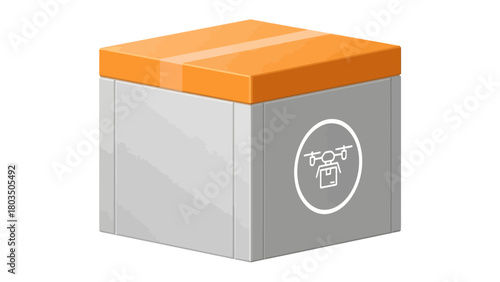 Grey box with orange lid and a white circular icon of a drone carrying a package