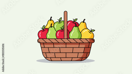 Illustration of a brown basket filled with various red and green apples and yellow and green pears on a light background