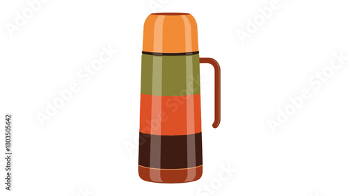 Illustrated thermos with orange cap segmented body olive reddishorange dark brown and reddishbrown handle