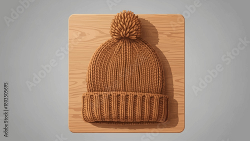 Knitted brown beanie with a pompom rests on a light wooden board against a plain grey background