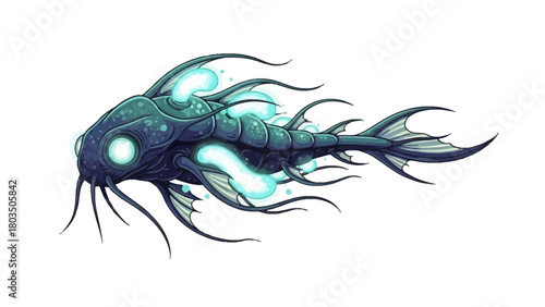 Pixel art bioluminescent deepsea creature with glowing eyes segmented body fins and long tentacles on a white background