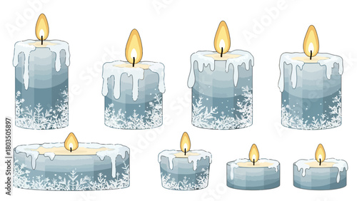 Pixel art candles in various sizes with bluegrey bodies white wax drips and snowflake patterns all with lit wicks