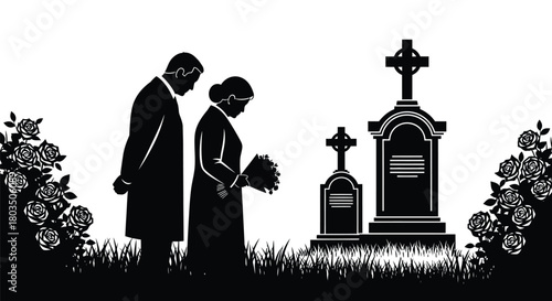 Mourning couple at cemetery with flowers and gravestones vector