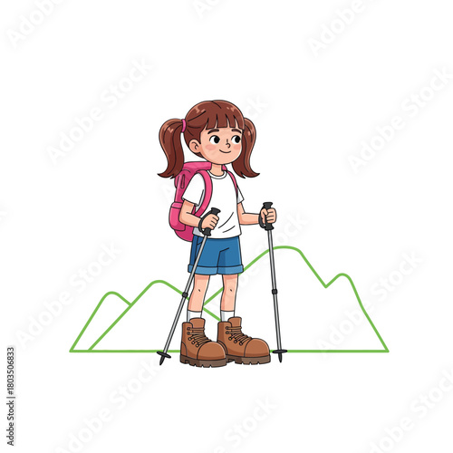 A cheerful young girl hiking, standing with trekking poles vector illustration