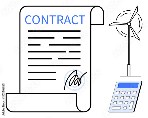 Contract document with signature, wind turbine, and calculator illustrating renewable energy agreements. Ideal for finance, sustainability, energy, legal paperwork, business, contracts eco-friendly