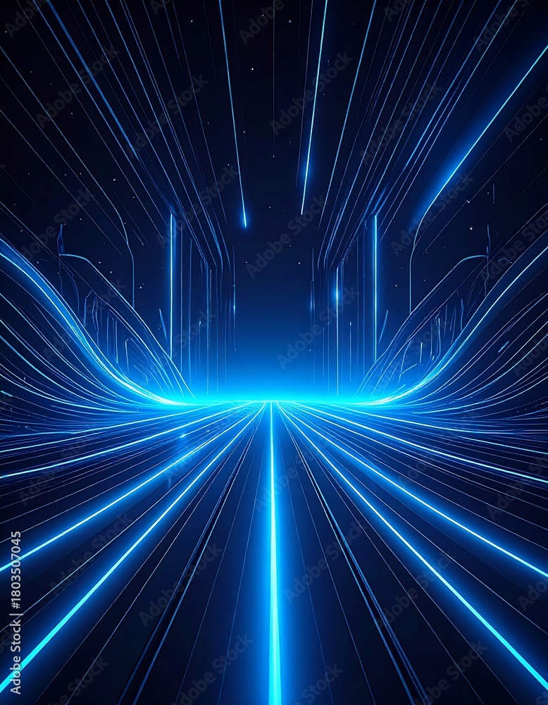 Fototapeta premium A vibrant digital illustration depicts flowing blue lines converging towards a bright central point against a dark background