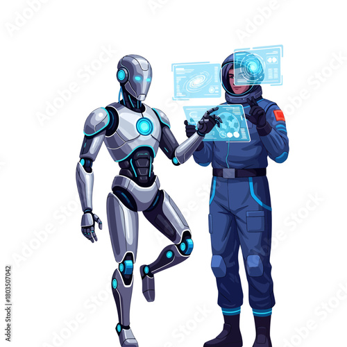 Futuristic collaboration between an artificial intelligence robot and an astronaut analyzing complex data on a holographic display