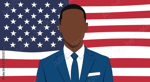 Anonymous dark-skinned man in a professional suit and tie stands against a vibrant American flag, representing US patriotism and diversity.