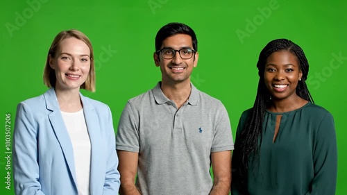 Diverse Group Smiling on Green Screen Background.