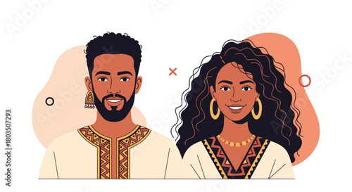 A smiling man and woman, both with dark skin and hair, wearing traditional or culturally inspired attire and jewelry in a cheerful illustration.