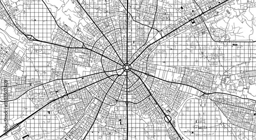 Detailed black and white cartographic illustration of a city's complex radial and grid-based road network, highlighting urban planning and infrastructure.