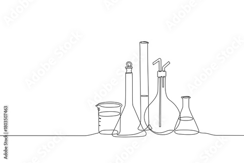 Minimal continuous one-line vector illustration of laboratory glassware, featuring beakers and flasks arranged in a clean, modern scientific composition, Editable stroke