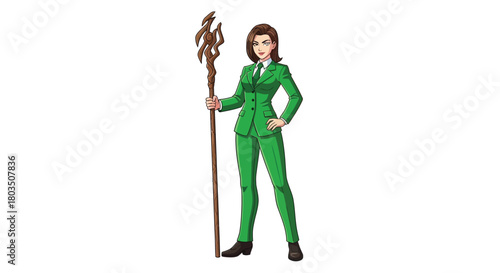 A powerful woman in a green suit stands confidently holding a wooden staff with a trident-like head symbolizing authority and strength