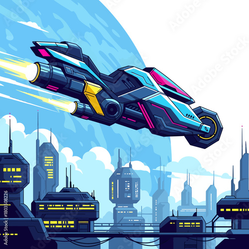 Futuristic Flying Motorcycle over Cityscape Illustration