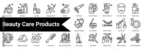 Beauty Care Products icon sheet and collection containing: face cream, skincare, lipstick, makeup brush, perfum, hair dryer, hair shampoo, hair conditioner, face mask sheet, body lotion