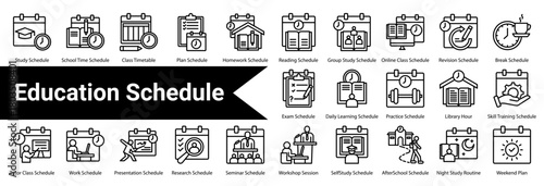 Education Schedule icon sheet and collection containing:  study schedule, school time schedule, class timetable, plan schedule, homework schedule, reading schedule, group study schedule