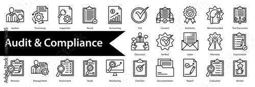 Audit & Compliance icon sheet and collection containing: auditor, processing, inspection, result, accounting, tick, consent, authentic, recommended, test document, discussion, verified