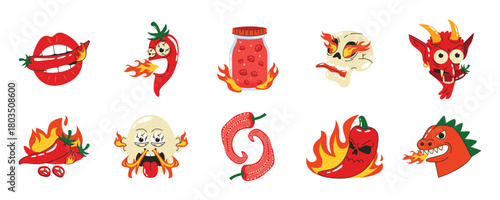 Spicy Chili Pepper Mascot and Hot Sauce Sticker Set, Hot and Spicy Food Cartoon Icon Collection