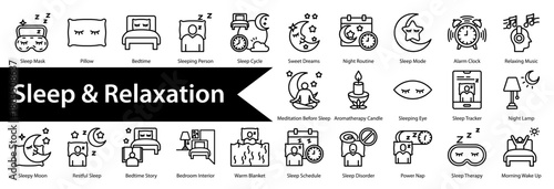 Sleep & Relaxation icon sheet and collection containing: sleep mask, pillow, bedtime, sleeping person, sleep cycle, sweet dreams, night routine, sleep mode, alarm clock, relaxing music, meditation 