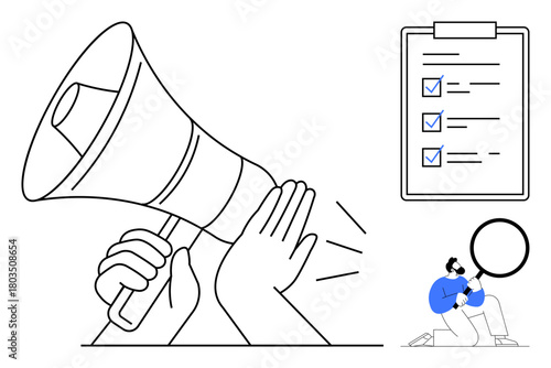 Large megaphone emphasizes message, clipboard with checked tasks highlights organization, and person with magnifying glass portrays analysis. Ideal for communication, strategy, teamwork, goal