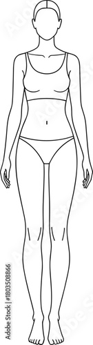 Woman figure outline, vector illustration, female body, fashion croquis template, mannequin, front view, line art, technical drawing, underwear.