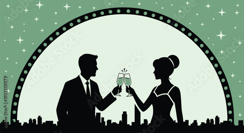 Retro couple toasting silhouette with city skyline background