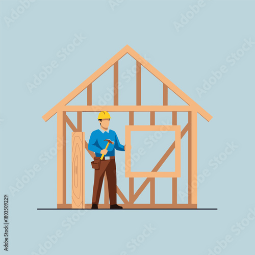 Carpenter framing a wooden house structure, holding a hammer in a flat vector illustration.