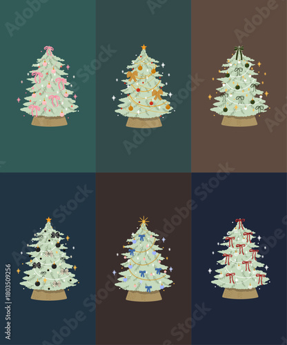 Six Christmas trees in one template, decorated with colorful ribbons, baubles, and lights. Perfect for holiday cards, invitations, and festive designs.