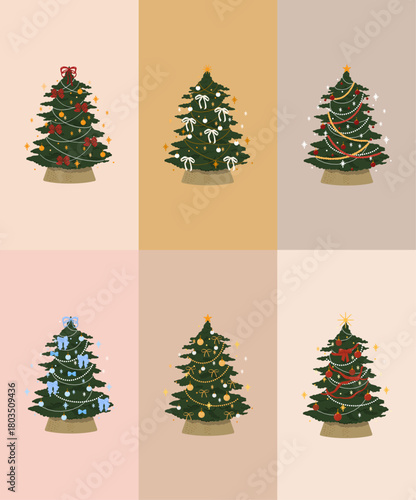 Six Christmas trees in one template, decorated with colorful ribbons, baubles, and lights. Perfect for holiday cards, invitations, and festive designs.
