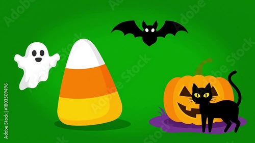 Halloween Cartoon Elements: Pumpkin Candy Corn Ghost Bat Cat.