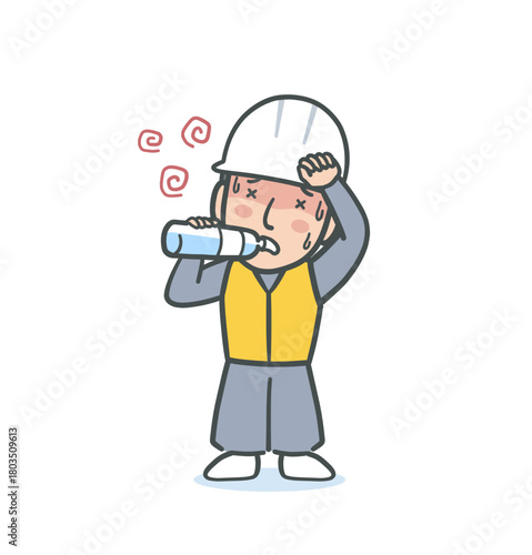 暑くて水分補給をするヘルメットを被った作業員男性のイラスト素材