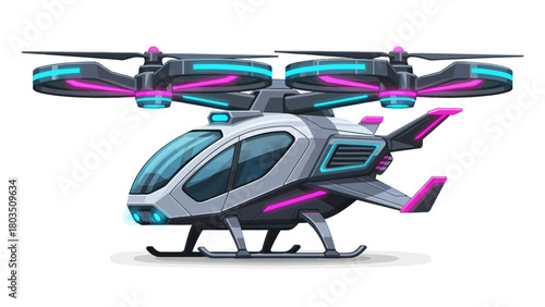 Pixel art futuristic personal air vehicle with dual rotors gray body and neon cyan and magenta lights on white