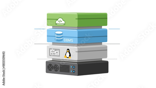 Pixel art stack of computing layers cloud DBMS OS penguin and server hardware on a white background