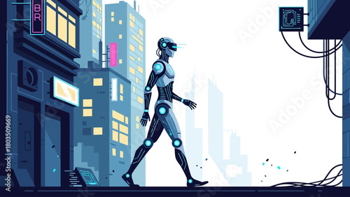 Pixel art of a robot with glowing elements walking on a cyberpunk city street with neon signs