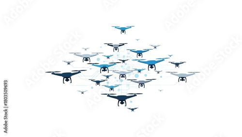 Pixelated blue and grey drones in a diamond formation against a white background connected by light blue lines