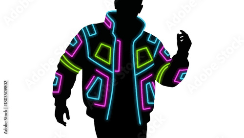Silhouette of a person wearing a black jacket with glowing neon geometric patterns in blue pink and green