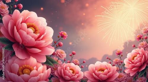 Soft focus pink peonies with glowing bokeh lights in the background