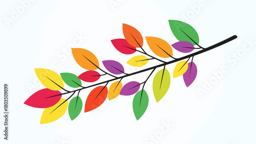 Stylized black branch adorned with numerous bright yellow red orange green and purple leaves on a white background