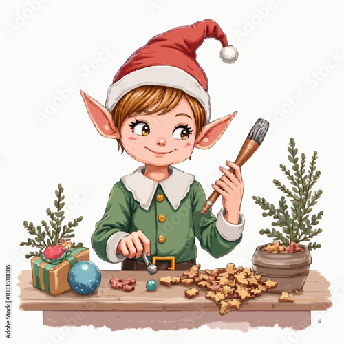 Young elf decorating cookies and preparing gifts for Christmas  
