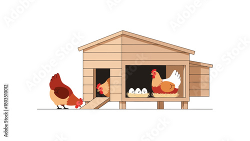 Three cartoon chickens around a wooden coop one pecking one in an entrance and one on eggs