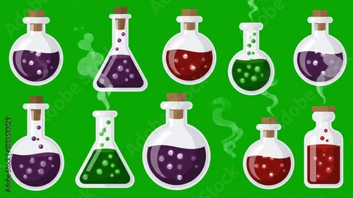 Animated Colorful Magic Potions in Glass Bottles on Green.
