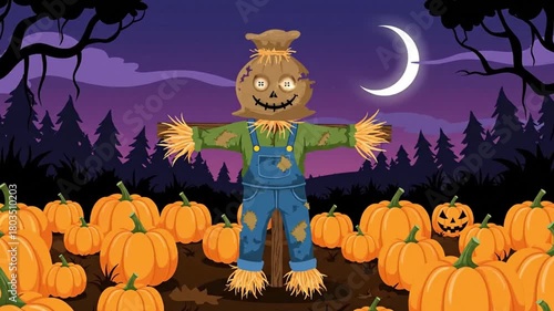 Animated Halloween Scarecrow with Pumpkins Under Moonlit Sky.
